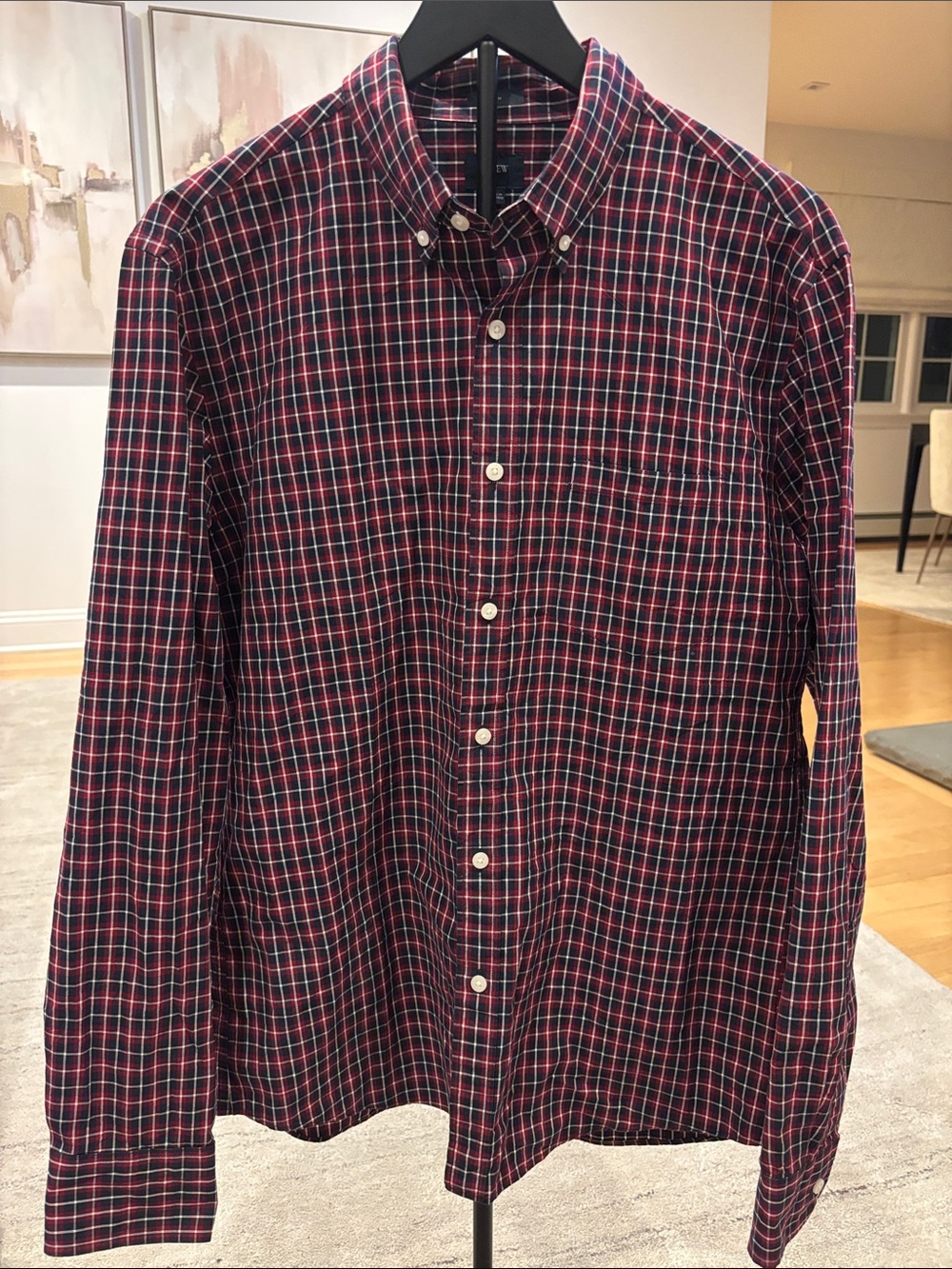 NWOT J. Crew Men's Red and Navy Plaid Button-Down Shirt